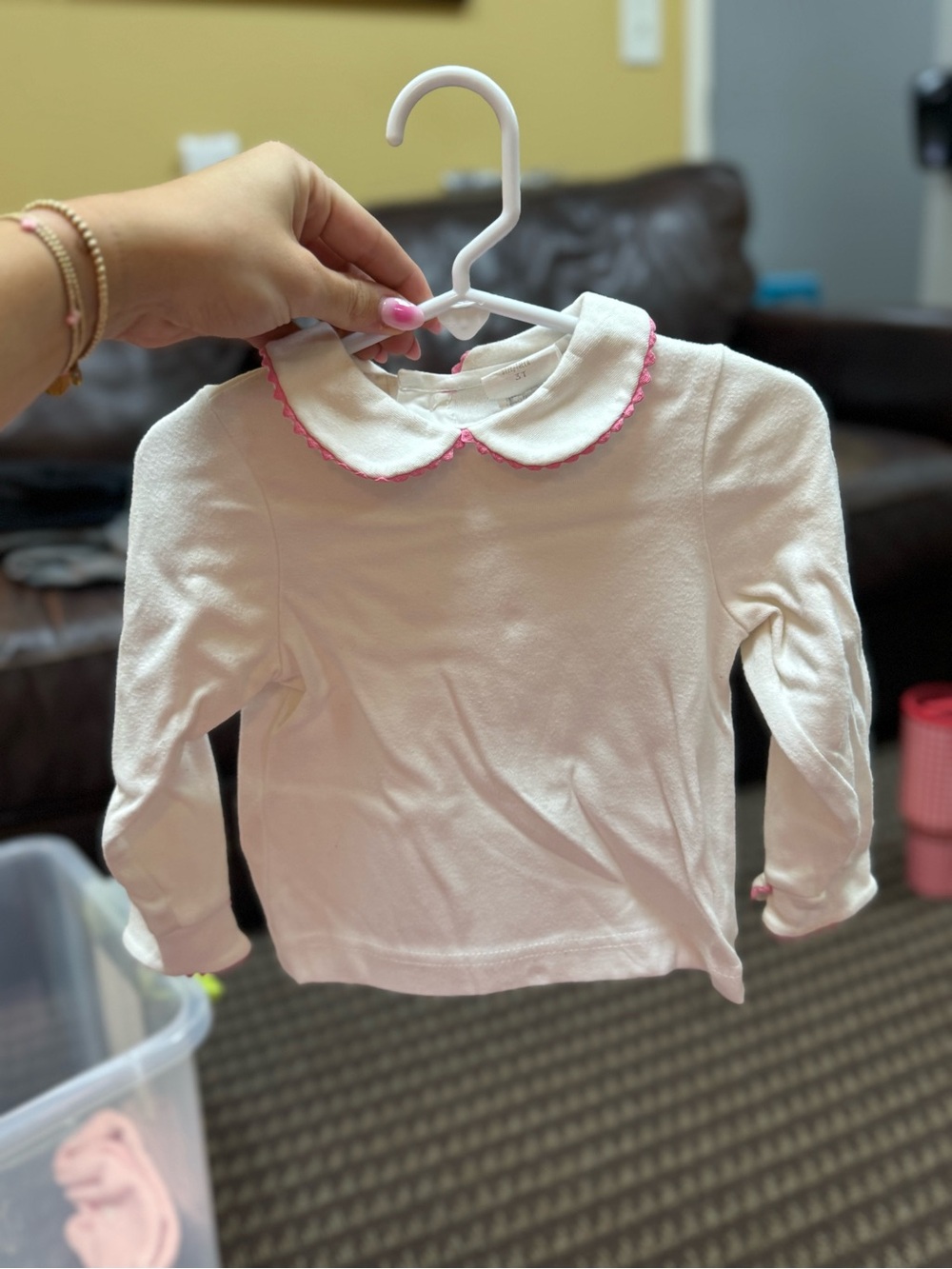 Toddler Long-Sleeve Peter Pan Collar Top - White with Pink Trim